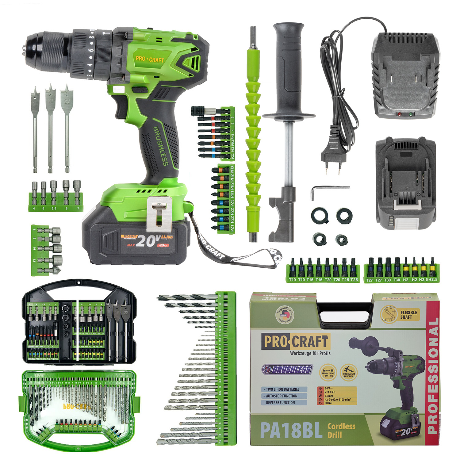 Bezuhlíková aku príklepová vŕtačka Procraft SPA18BL so sadou bitov DBS-101 | SPA18BL/DBS101 Bezuhlíková aku príklepová vŕtačka Procraft SPA18BL so sadou bitov DBS-101 | SPA18BL/DBS101