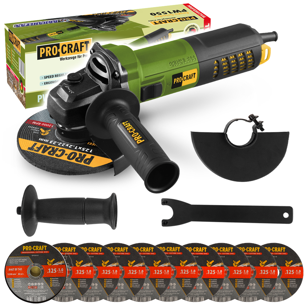 Bruska úhlová Procraft PW1550 + 10x řezný kotouč CD125x1.0 | SPW1550/CD125x1.0b Bruska úhlová Procraft PW1550 + 10x řezný kotouč CD125x1.0 | SPW1550/CD125x1.0b