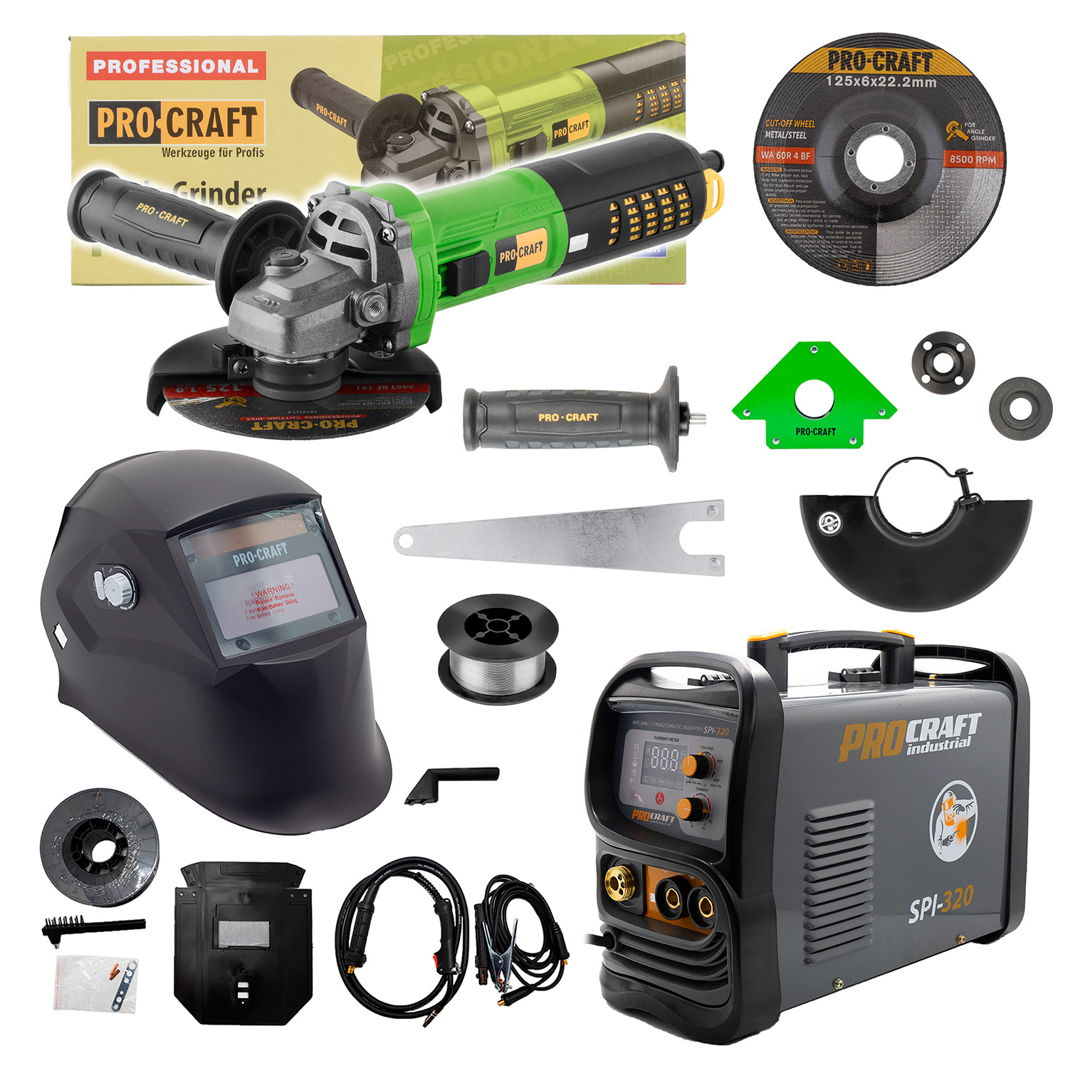 Sada zvárací poloautomatický invertor SPI-320 s uhlovou brúskou PW2450 + zvárací drôt FW81 + kukla SPH90-800-B + magnet WH33 | SSPI-320/PW2450/SPH90 Sada zvárací poloautomatický invertor SPI-320 s uhlovou brúskou PW2450 + zvárací drôt FW81 + kukla SPH90-800-B + magnet WH33 | SSPI-320/PW2450/SPH90