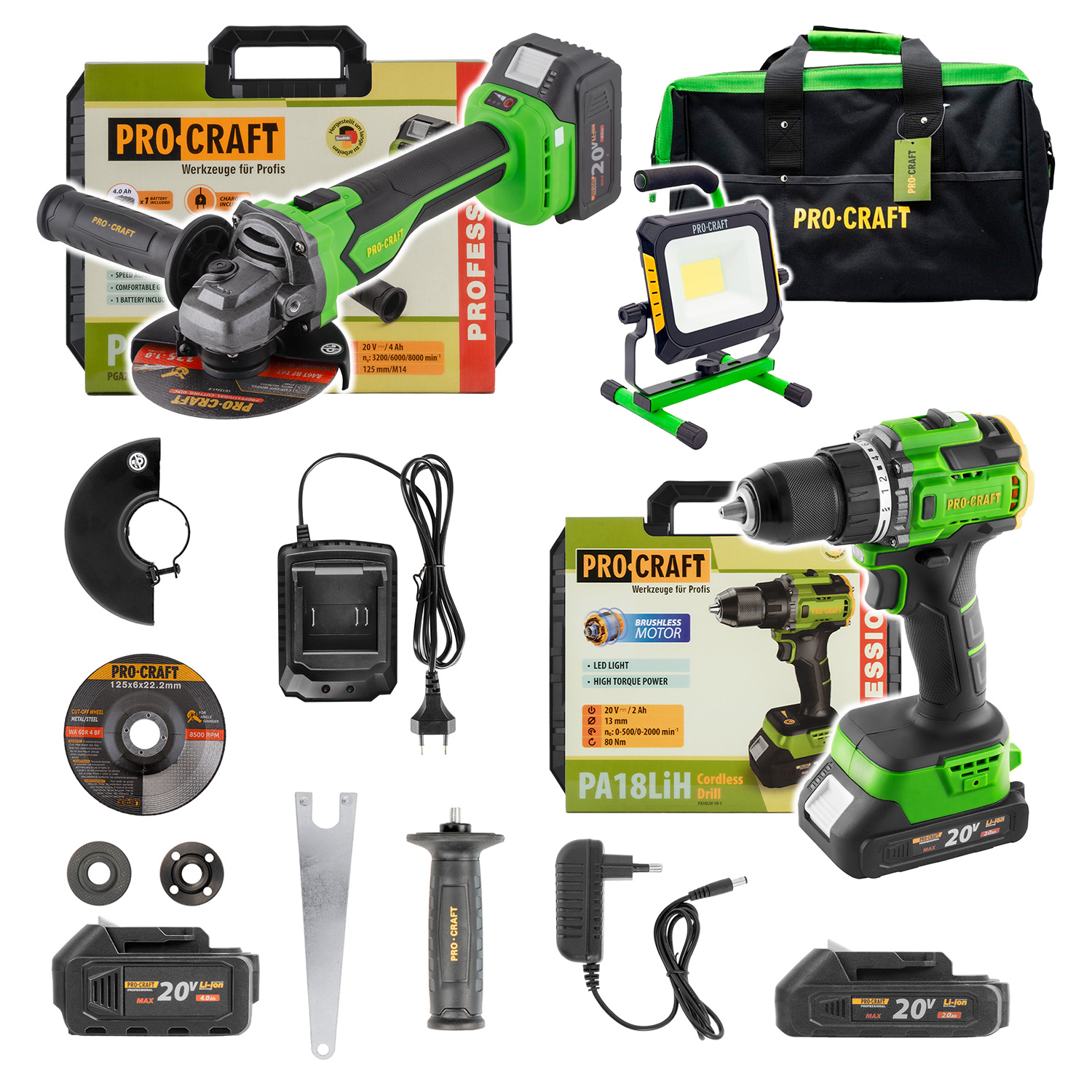 Aku sada v taške BG400: skrutkovač PA18LiH, uhlová brúska PGA22, svietidlo (reflektor) LP20 | SPA18LiH-1B/PGA22-1B/LP20/BG400