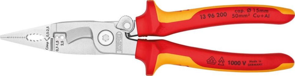 Elektroinštalačné kliešte pochrómované VDE s 2-zložkovými rukoväťami 200 mm KNIPEX